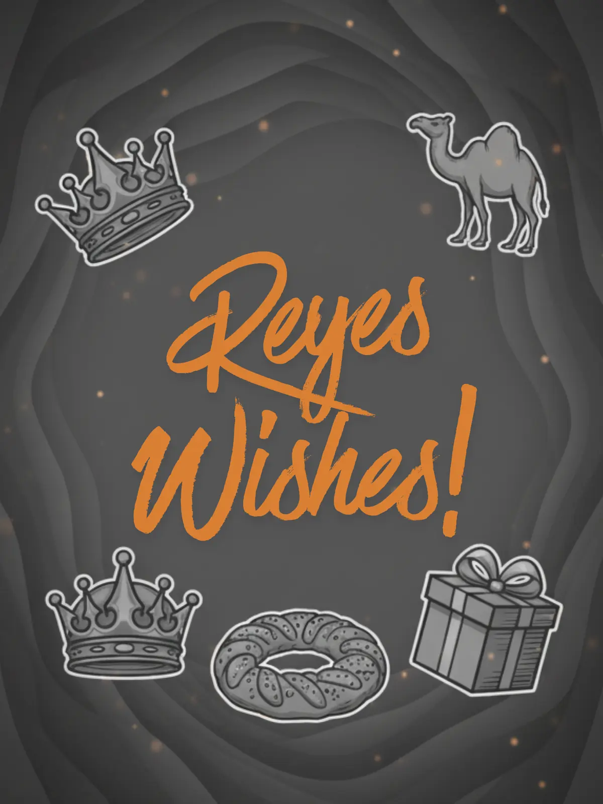 Elegant Dia De Reyes card featuring grayscale design with a vibrant pop of color, vintage/retro style, perfect for sending Reyes wishes to family, friends, and colleagues.