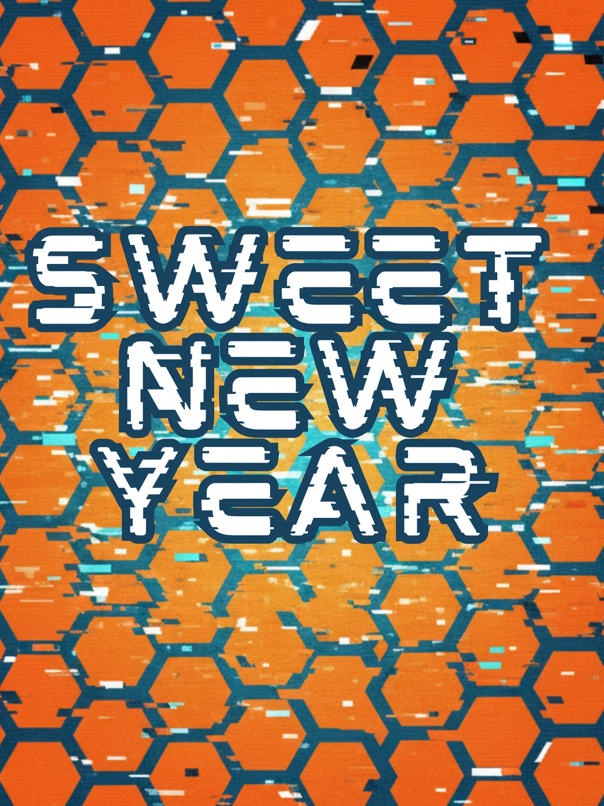 Retro-futuristic Rosh Hashanah greeting card featuring a honeycomb pattern and digital glitch typography, vintage style for the Jewish New Year