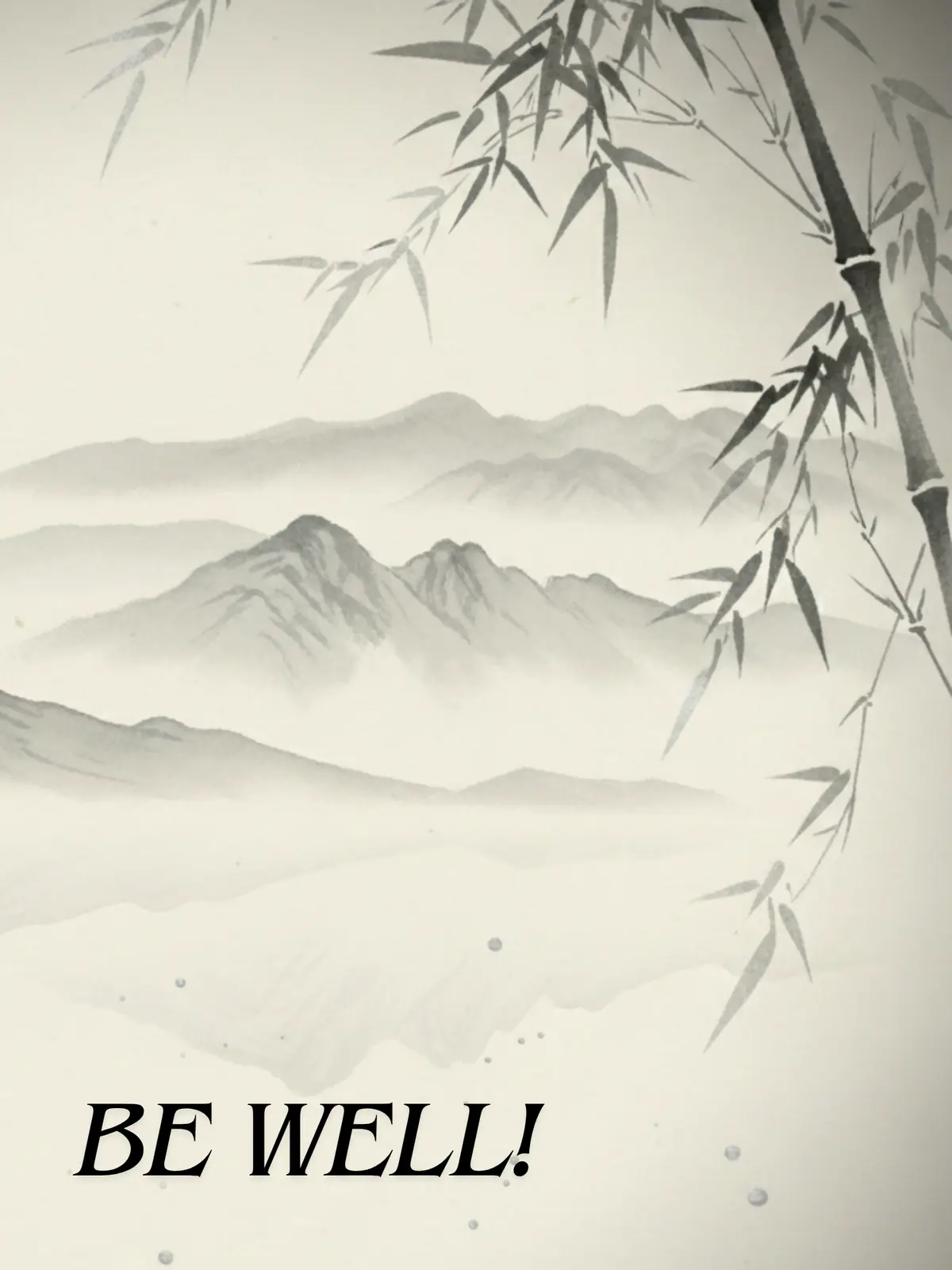 Abstract get well card featuring Chinese ink wash style bamboo and mountains, serene and peaceful design, for sending healing wishes.