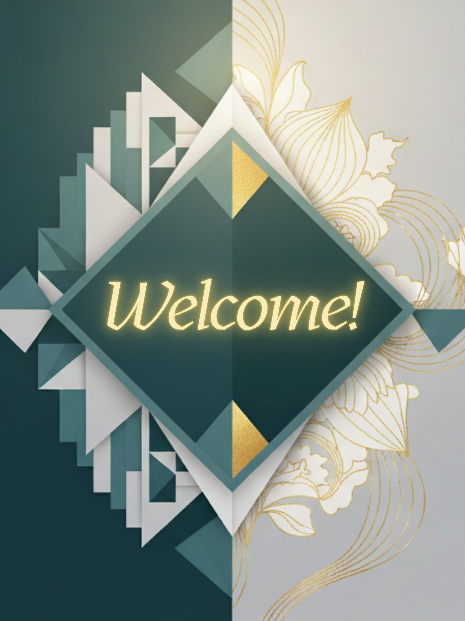 Modern welcome card with split screen design featuring contrasting abstract geometric patterns, minimalist text 'Welcome!'