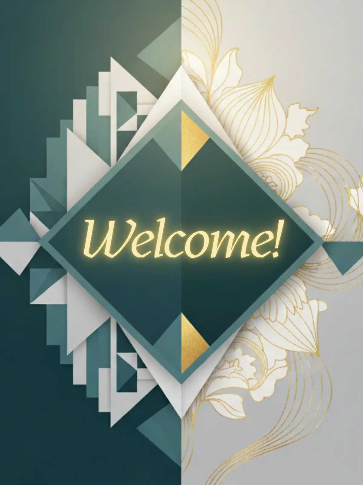Modern welcome card with split screen design featuring contrasting abstract geometric patterns, minimalist text 'Welcome!'