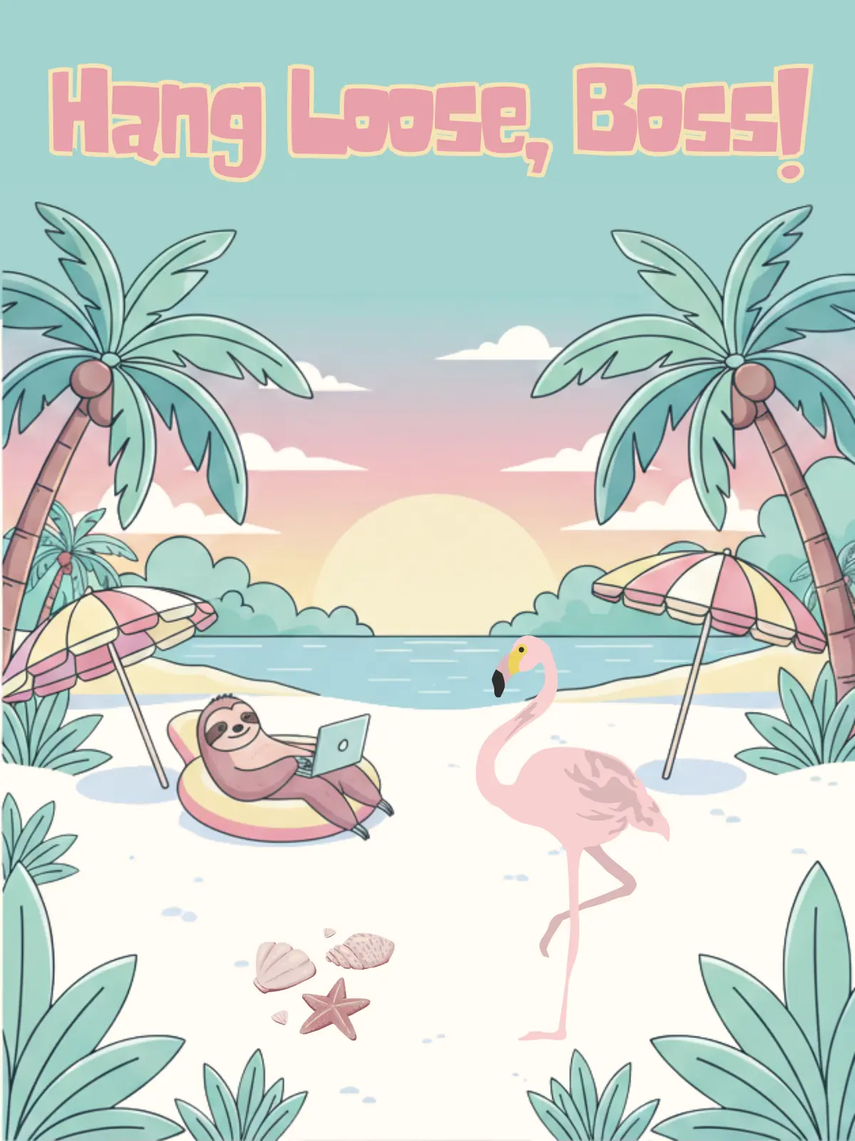Cute Boss's Day card illustration with pastel colors, featuring animals relaxing in a tropical setting, humorous and appreciative.