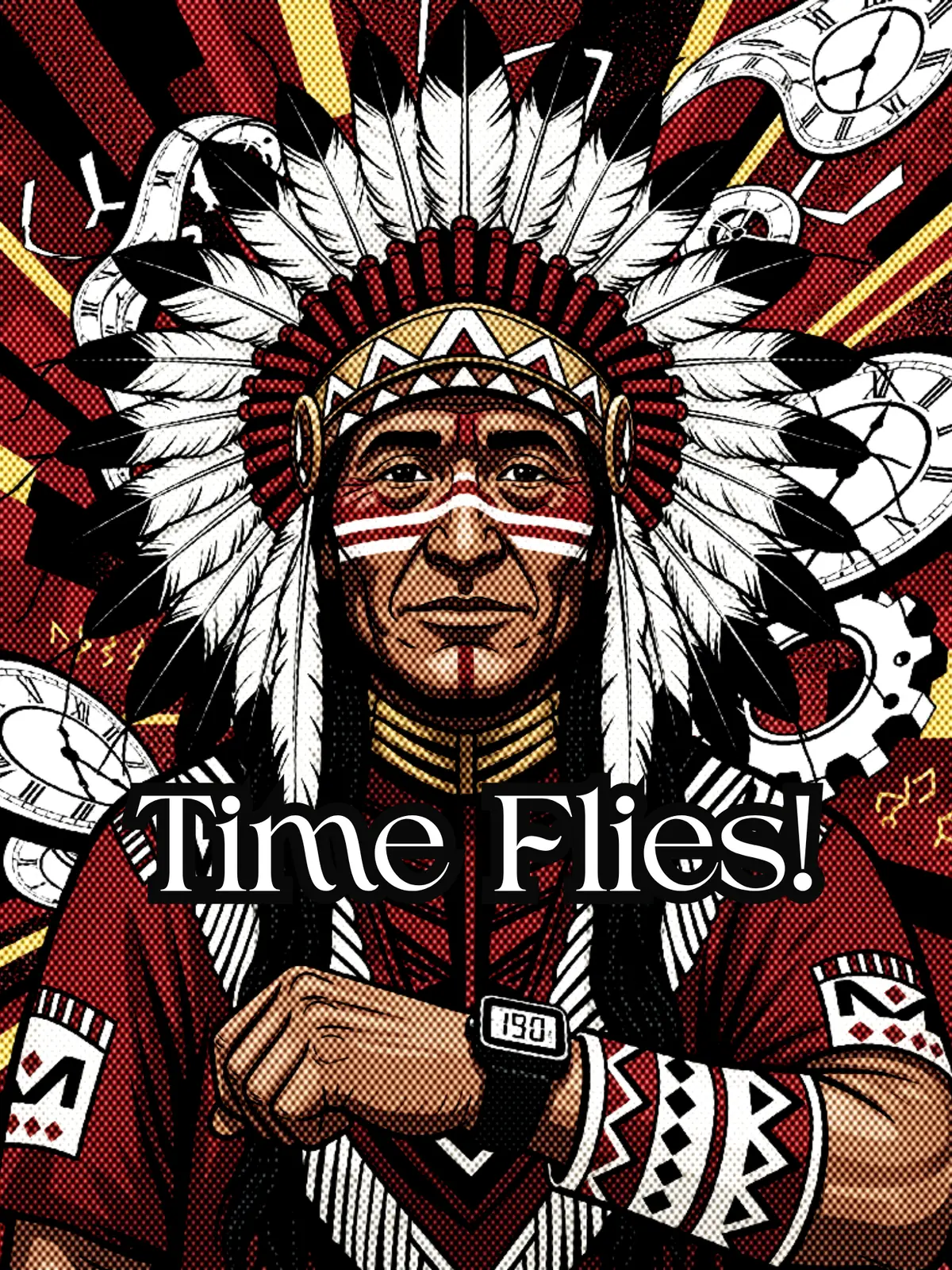 Funny work anniversary card featuring a Native American chief wearing a wristwatch, with colorful tribal patterns, illustration style.