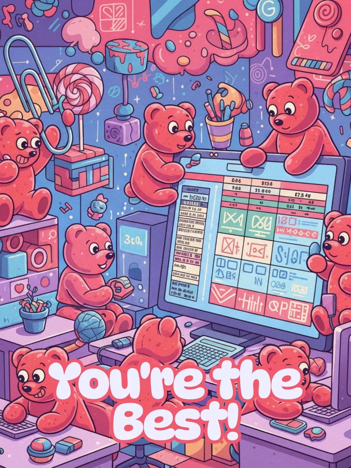 Playful employee appreciation card featuring gummy bears in a vinyl workspace with the text 'You're the Best!'