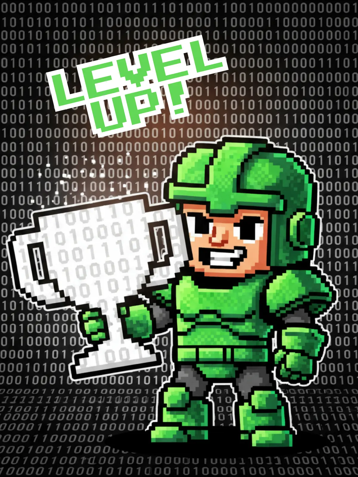 Humorous employee award card featuring binary code and pixelated characters, 'Level Up!' message, digital theme, designed for colleague recognition.