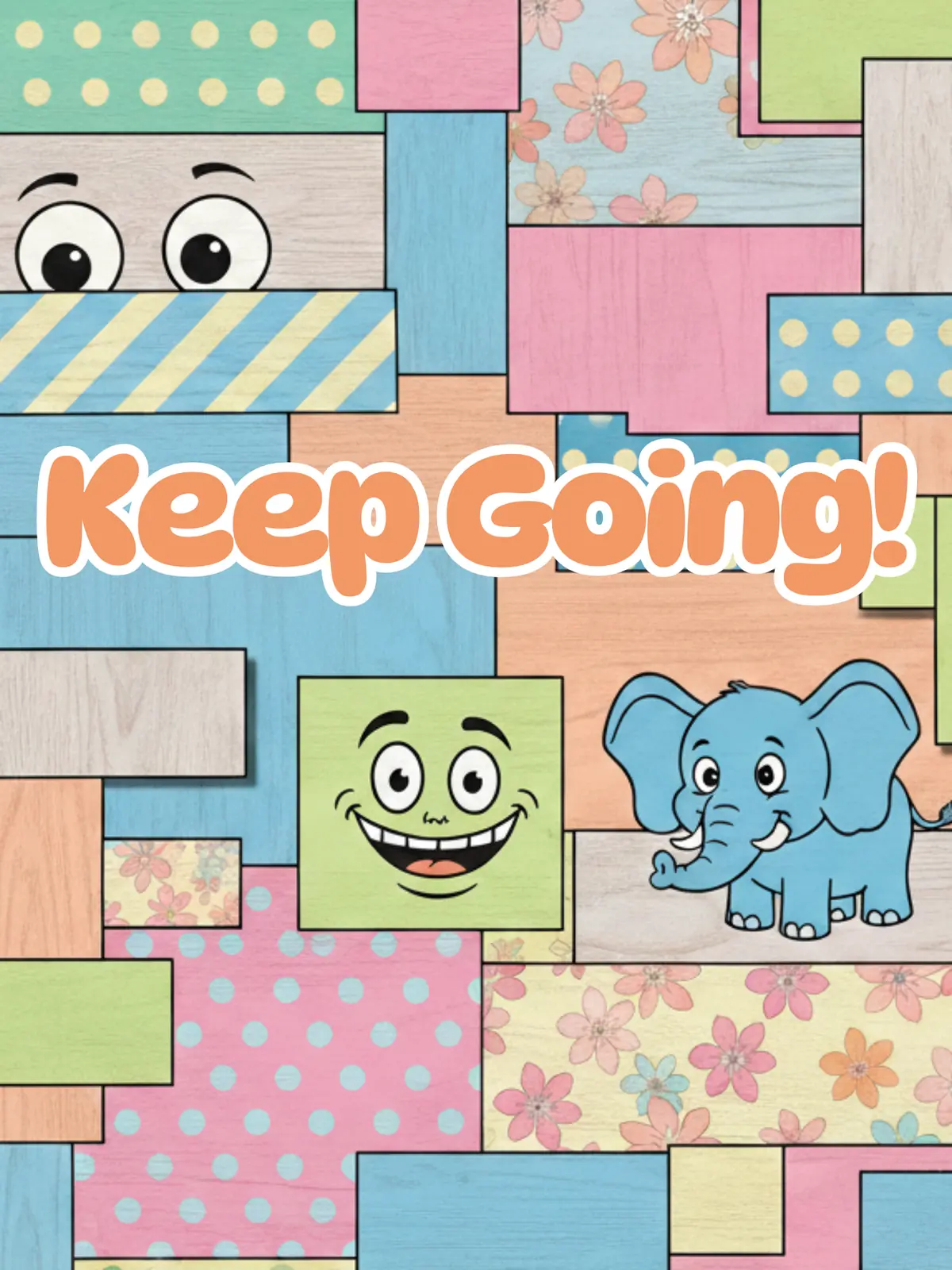 Humorous motivational card featuring a patchwork collage of textures, patterns, and illustrations, with the text "Keep Going!", perfect for friends.