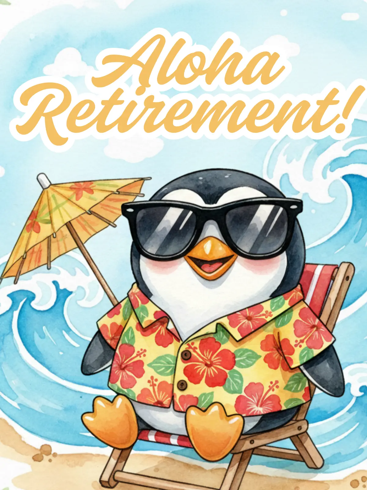 Watercolor retirement card featuring a penguin relaxing on a beach with a cocktail, humorous and cute design, perfect for retirement wishes.