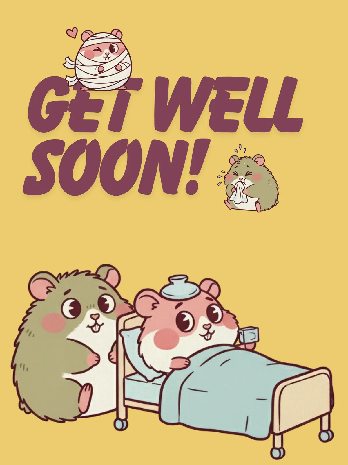 Cartoon get well card featuring cute hamsters in bandages and medical settings, whimsical and funny illustration style, bright colors.
