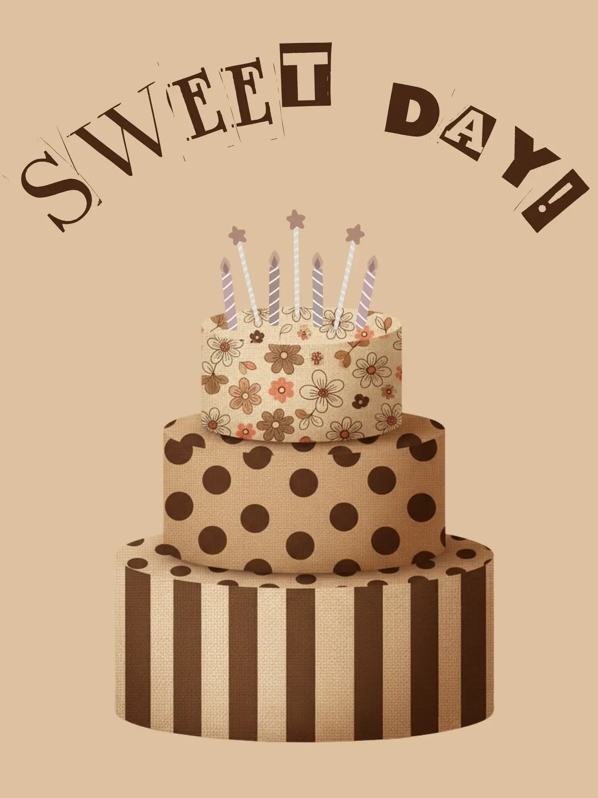 Birthday card illustration of a layered cake with textile patterns, colorful and unique design for birthday celebrations