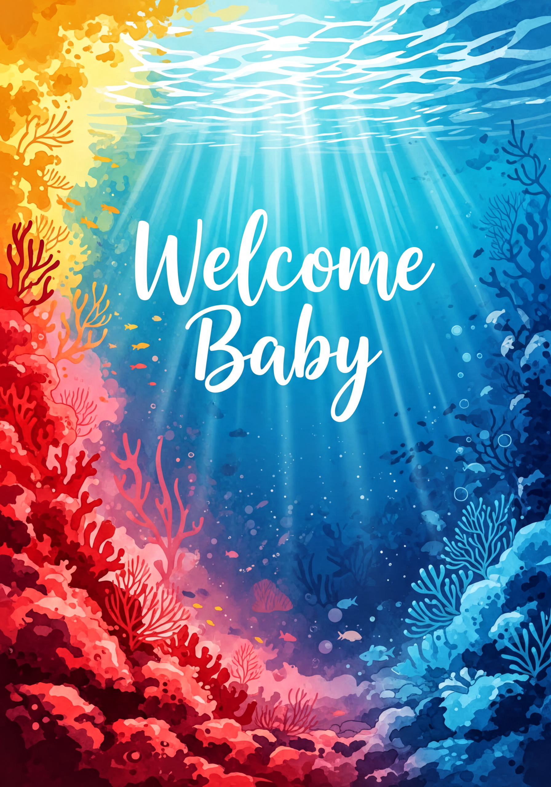 Watercolor new baby card featuring a vibrant coral reef in complementary colors, inspired by Atlantis, symbolizing growth and new beginnings.