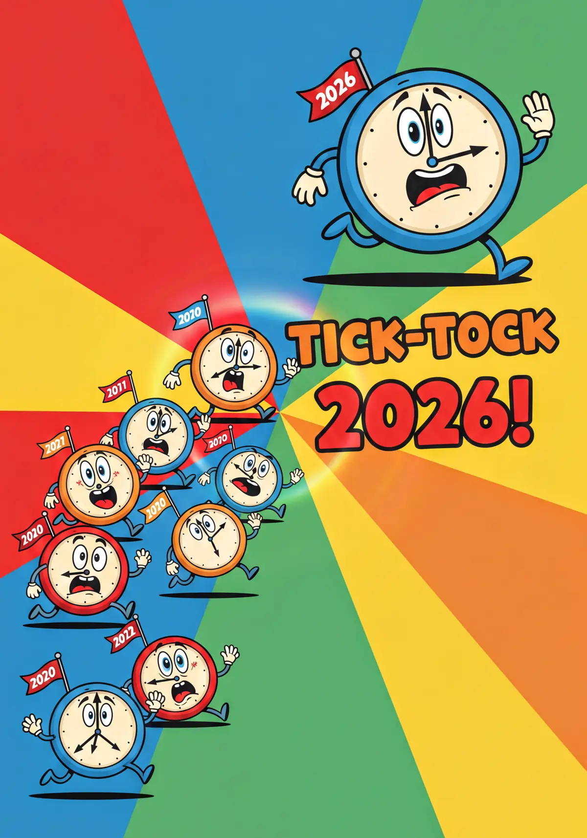 Funny retro New Year card featuring cartoon clocks racing towards 2026, vintage colors, playful typography, perfect for friends and colleagues.