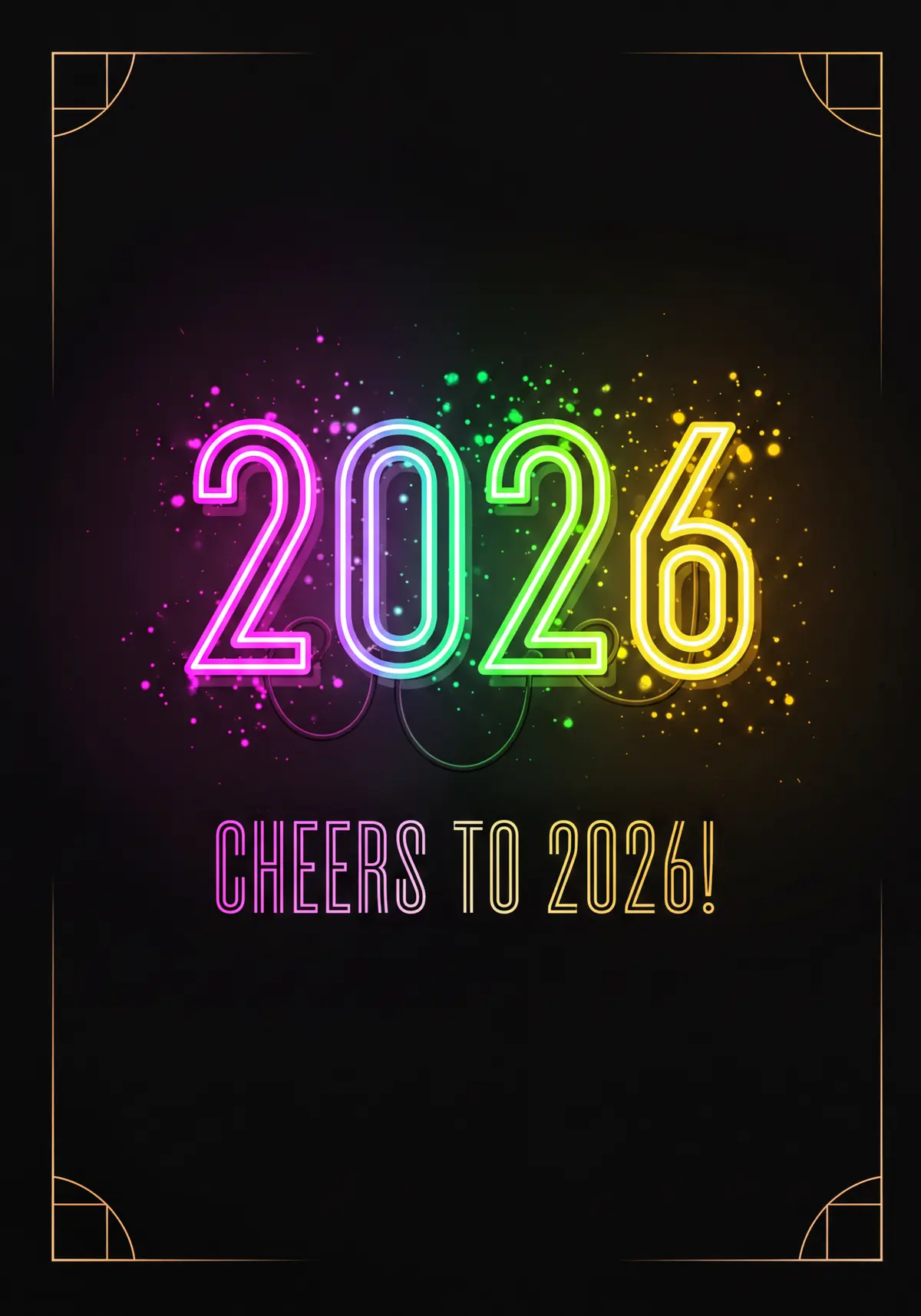 Vibrant New Year 2026 card with neon lights effect, featuring the year in bright neon colors, futuristic and celebratory design.