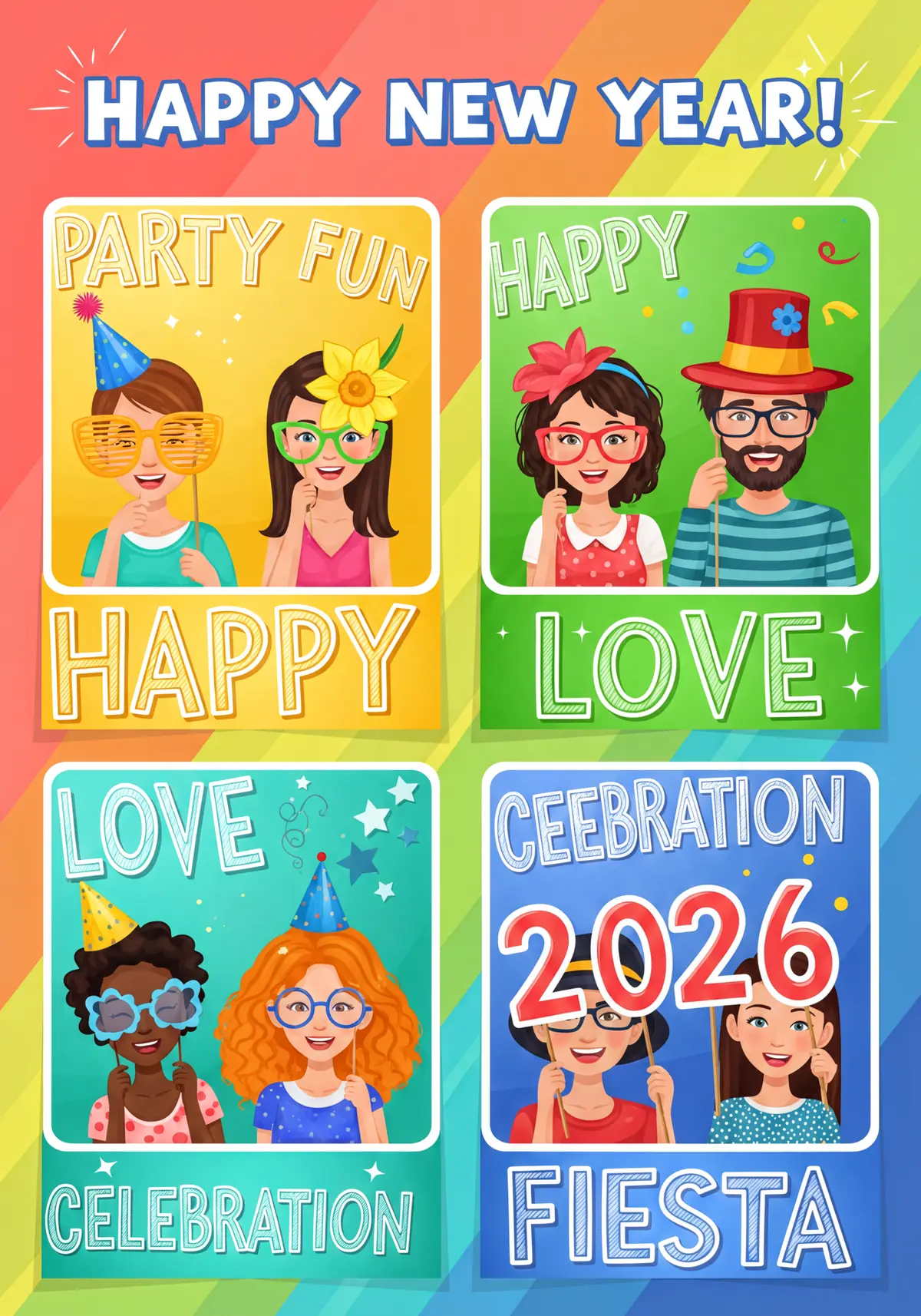 Whimsical New Year 2026 card featuring a photo booth collage with silly props and playful typography.