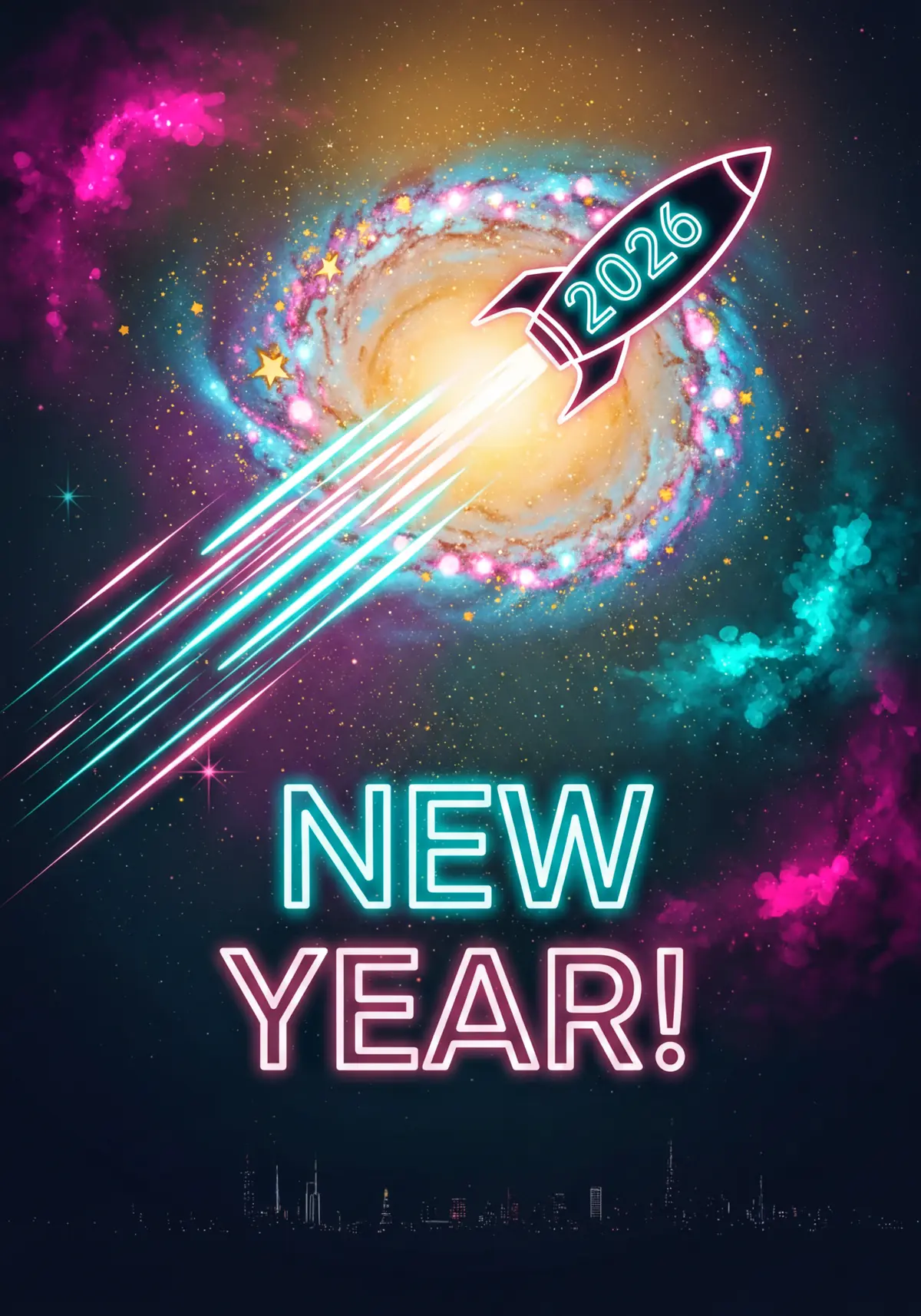 Rustic New Year card featuring a watercolor rocket with wood grain texture, artistic and heartfelt design for New Year celebrations