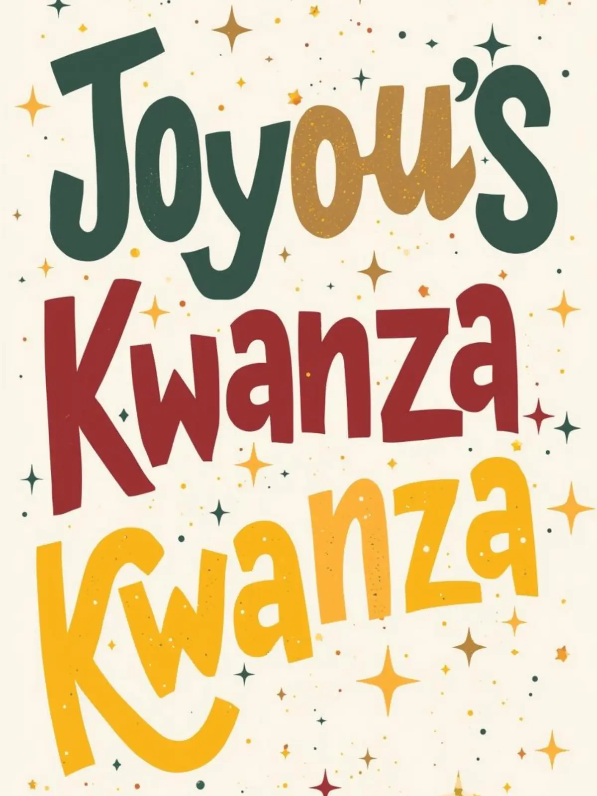 Whimsical Kwanzaa greeting card featuring vibrant, swirling decorative fonts and festive patterns on a warm background, celebrating the African-American cultural holiday.