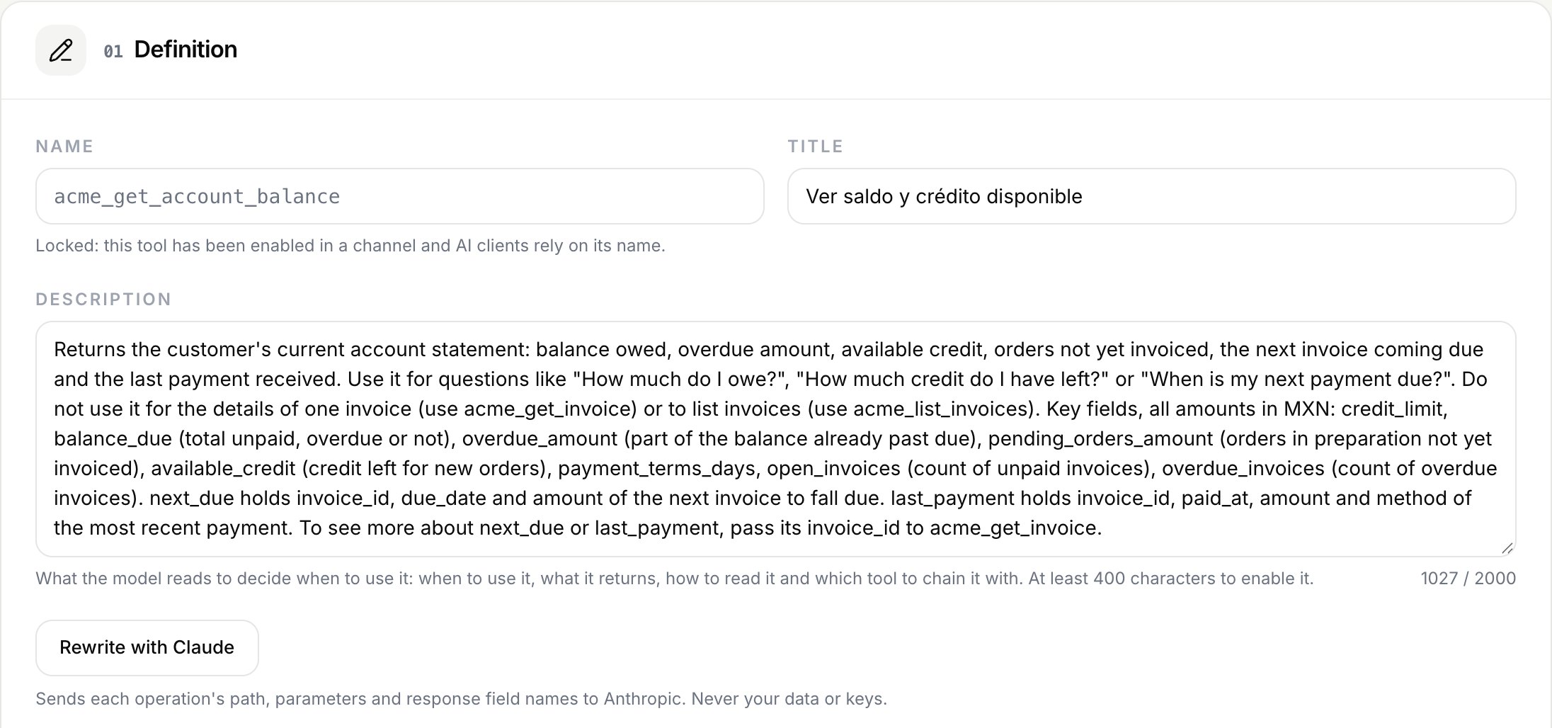 Tool definition with the description Claude wrote