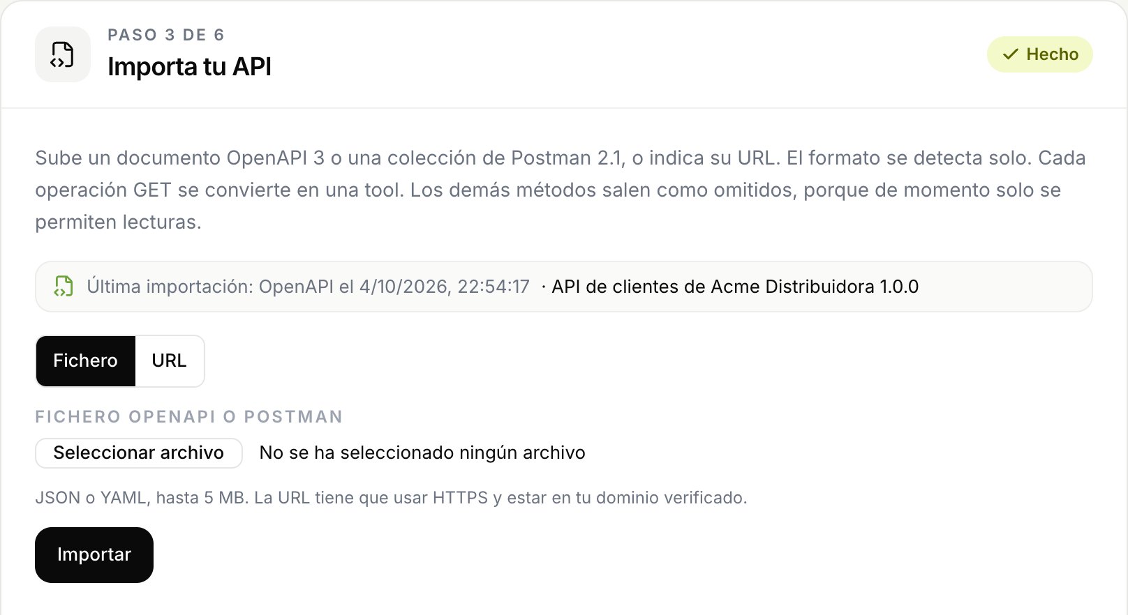 Paso de importación con la última importación OpenAPI de la API de Acme