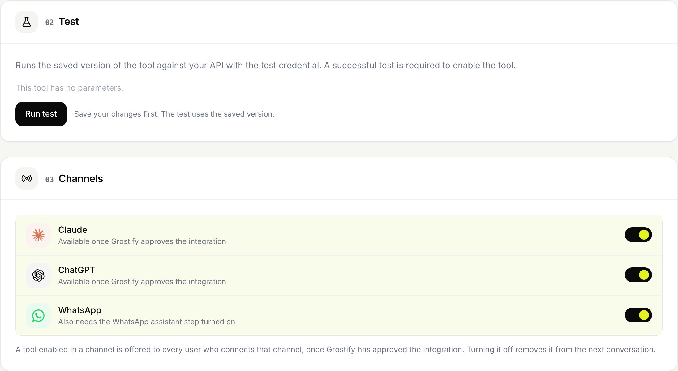 Test step of a tool with the Run test button and the Claude, ChatGPT and WhatsApp channels