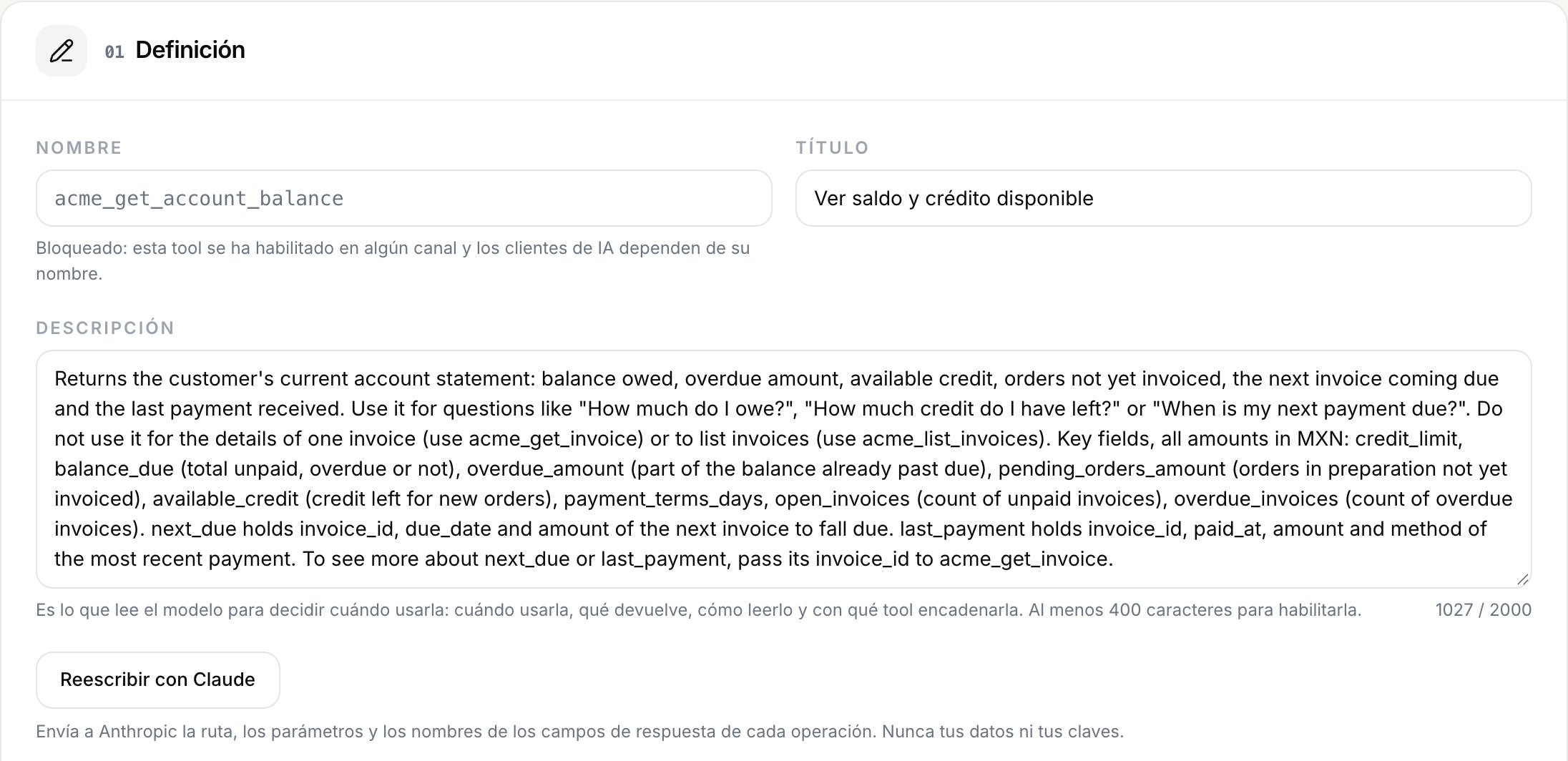 Definición de una tool con su nombre, su título y una descripción que explica cuándo usarla y qué significa cada campo de la respuesta