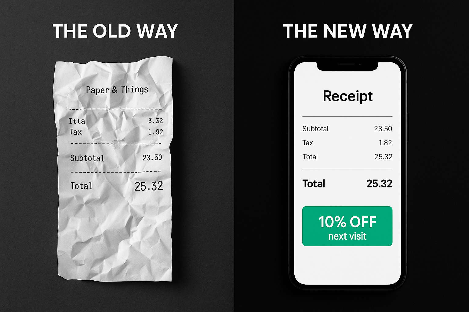 Comparison of old paper receipts versus new digital receipts
