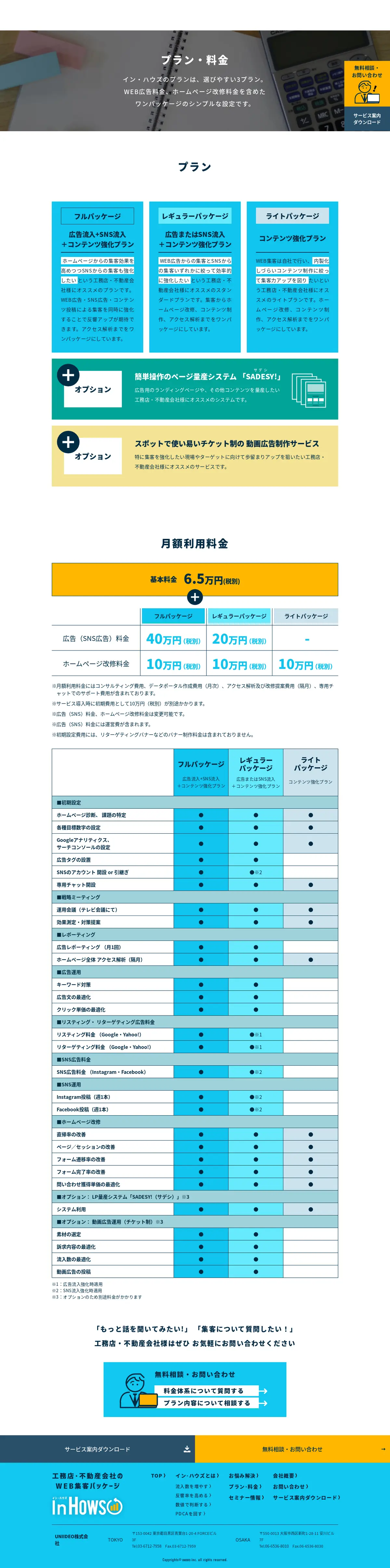 キャプチャ画面 会社名:UNIIDEO株式会社プロジェクト名:InHOWS 画面名:料金プラン詳細 デバイス名:PC