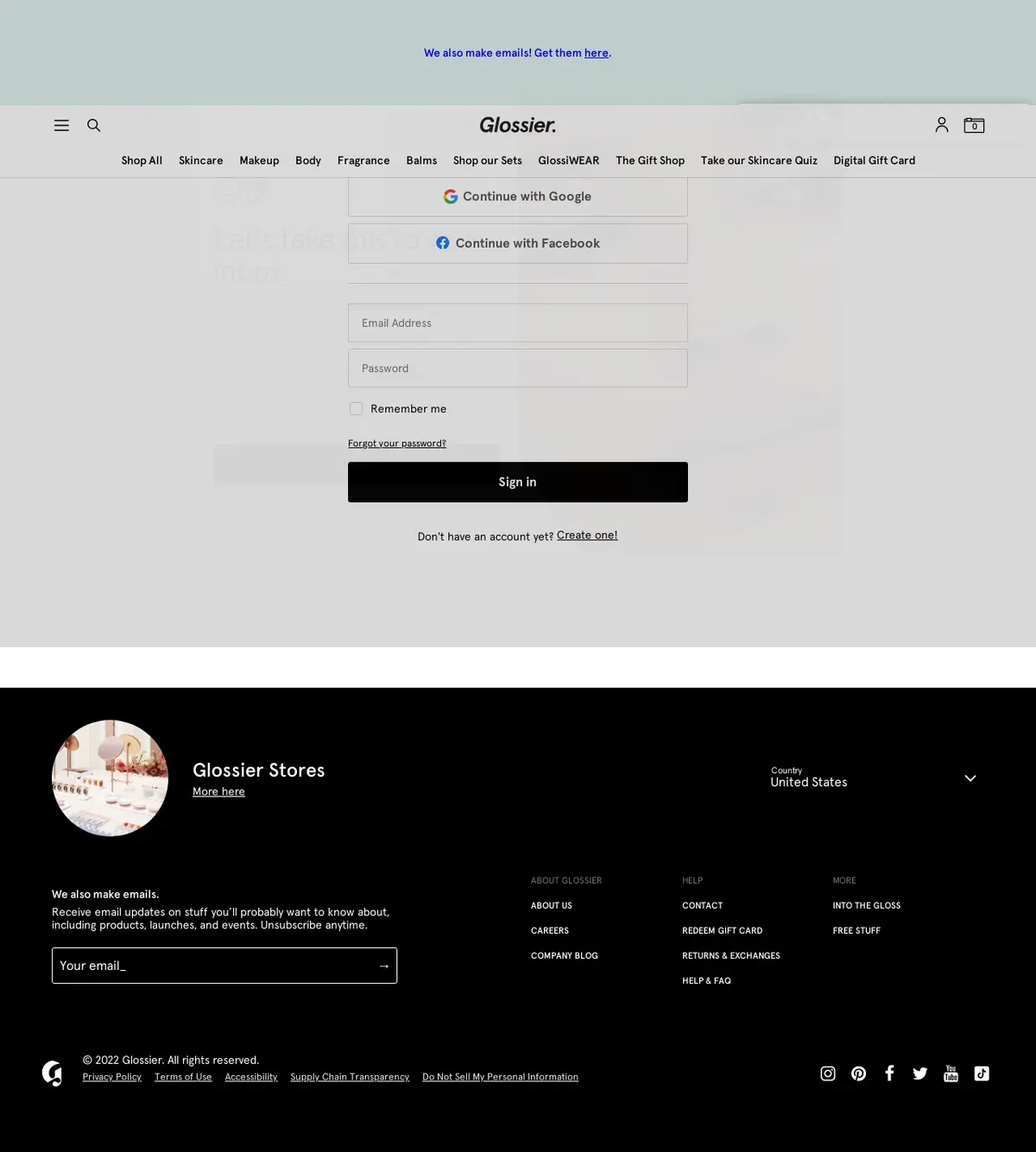 キャプチャ画面 会社名:Glossierプロジェクト名:Glossier 画面名:ログイン デバイス名:PC