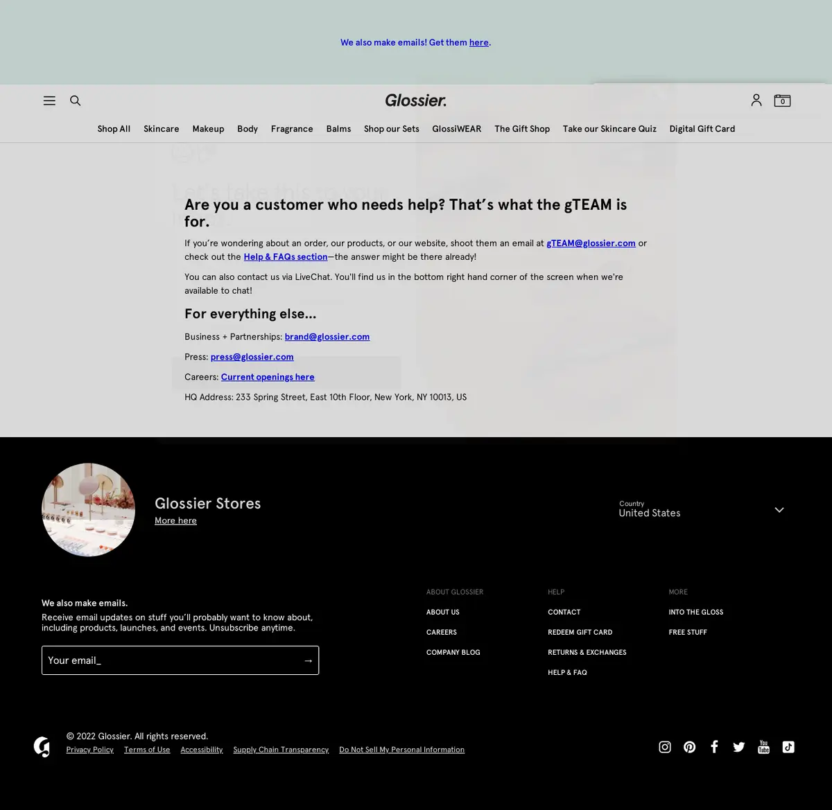 キャプチャ画面 会社名:Glossierプロジェクト名:Glossier 画面名:問い合わせフォーム デバイス名:PC