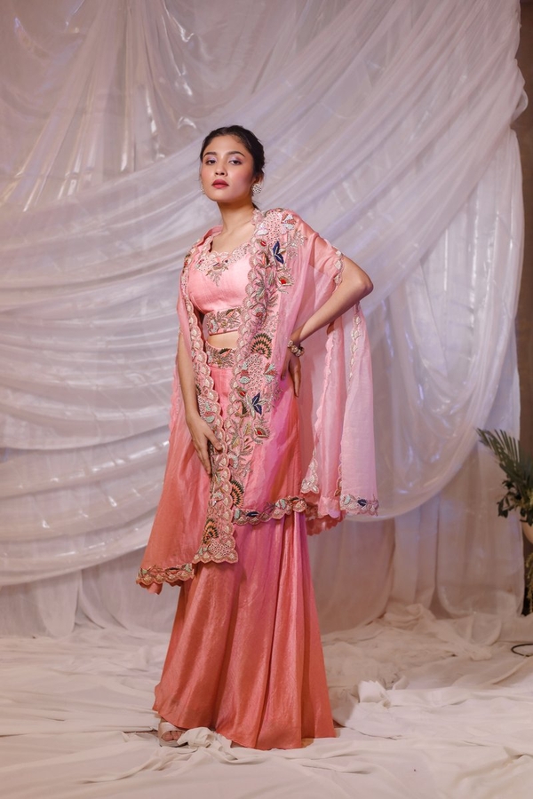 Pleated Skirt with crop jacket in Blue by Gaurav Dipika