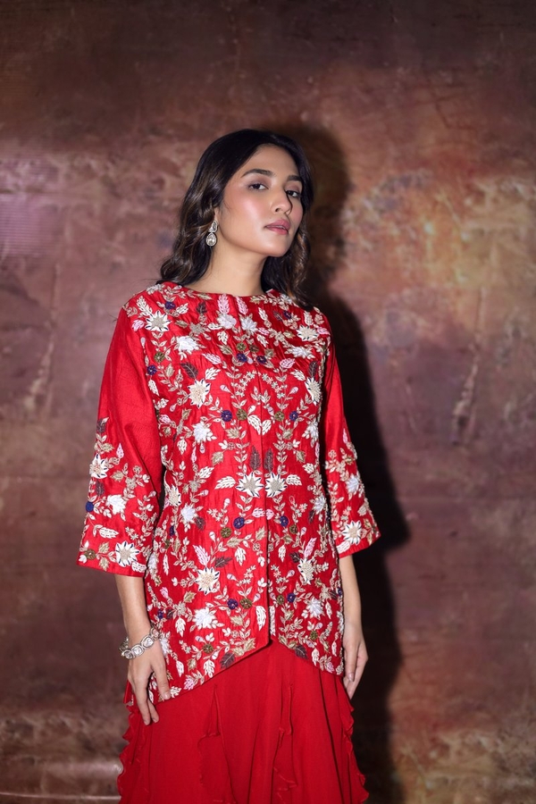 Crimson Blossom Embroidered Indo-Western Set in Red by Gaurav Dipika