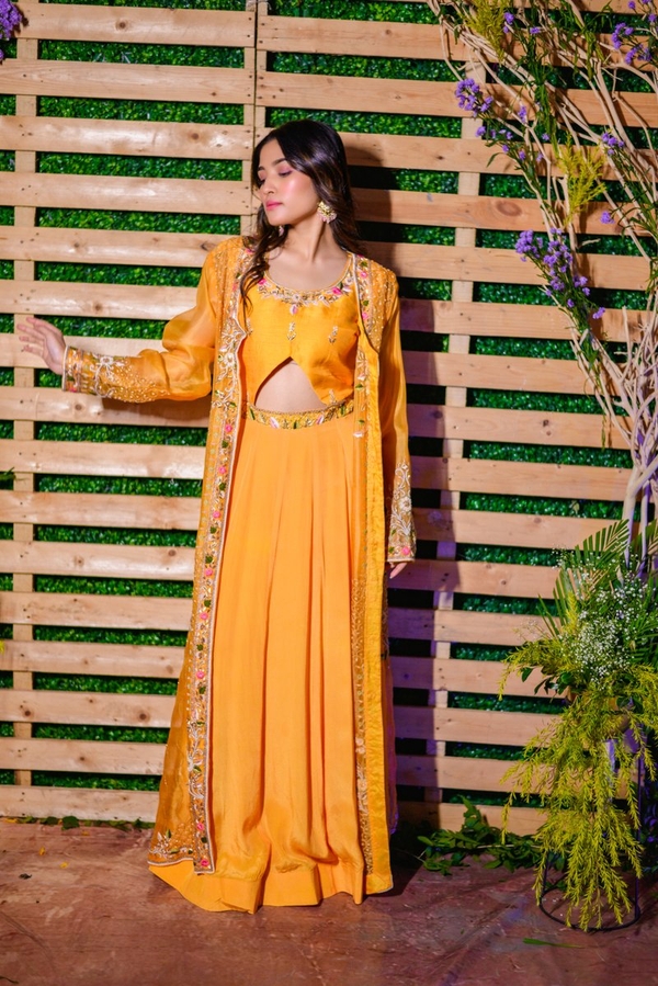 Marigold Embroidered Jacket Ensemble in Yellow by Gaurav Dipika