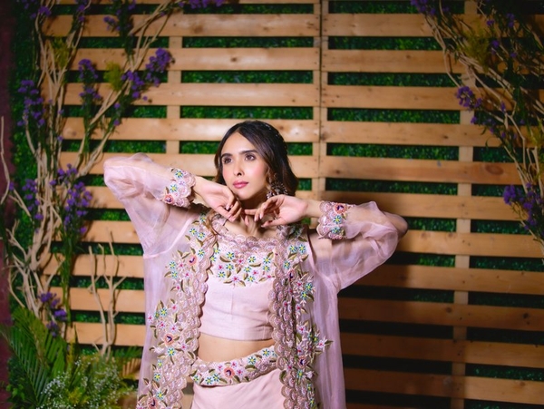 Pastel Pink Sheer Long Jacket with Embroidery in Pink by Gaurav Dipika