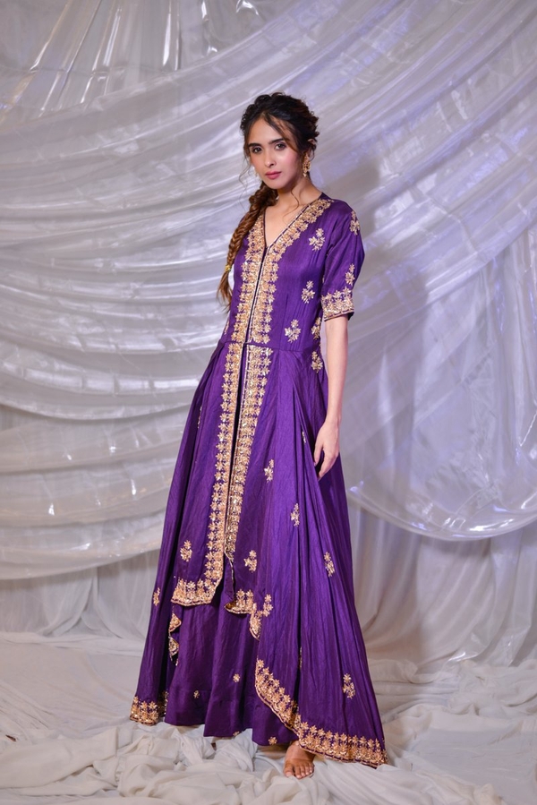 Royal Purple Embroidered Indo-Western Anarkali in Purple by Gaurav Dipika