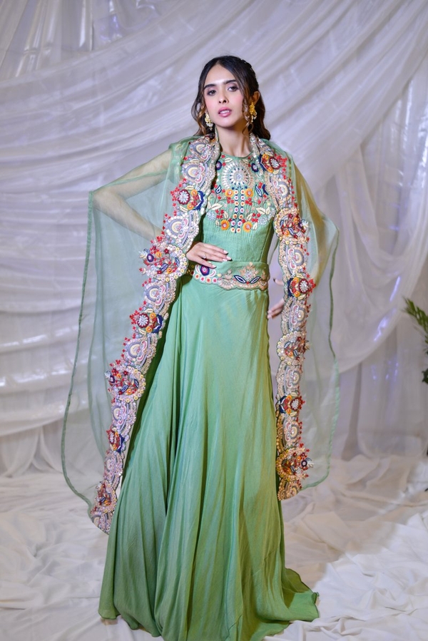Seafoam Green Embroidered Cape Gown in Green by Gaurav Dipika