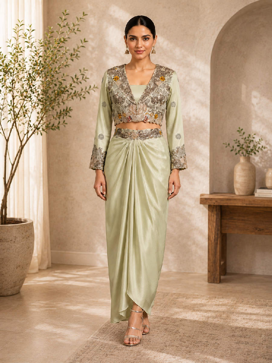 Nayantara Saanjh Embroidered Crop Jacket & Dhoti-Style Drape Skirt Set by Gaurav Dipika