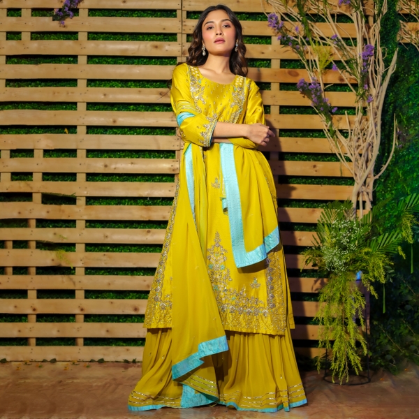 Sunshine Elegance with a Touch of Aqua in Lime Yellow by Gaurav Dipika