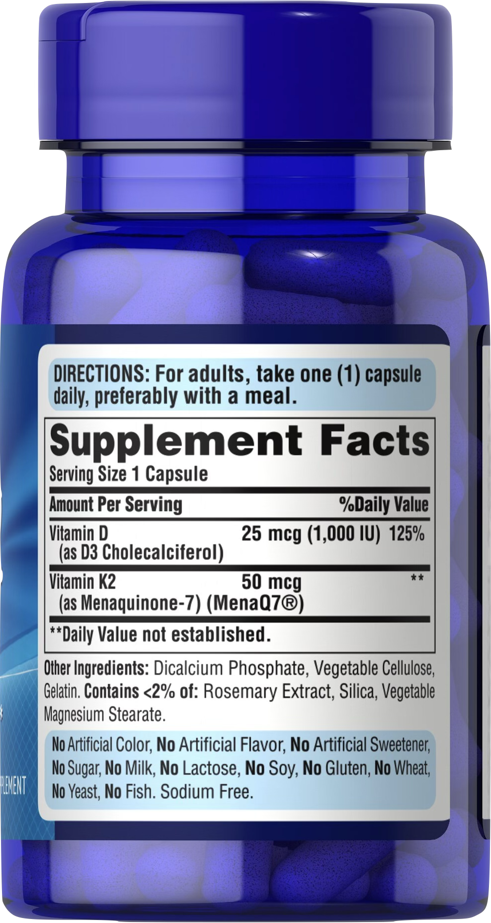 Puritan's Pride Vitamina D3 & K2 60 cápsulas de liberación rápida - información nutricional e ingredientes