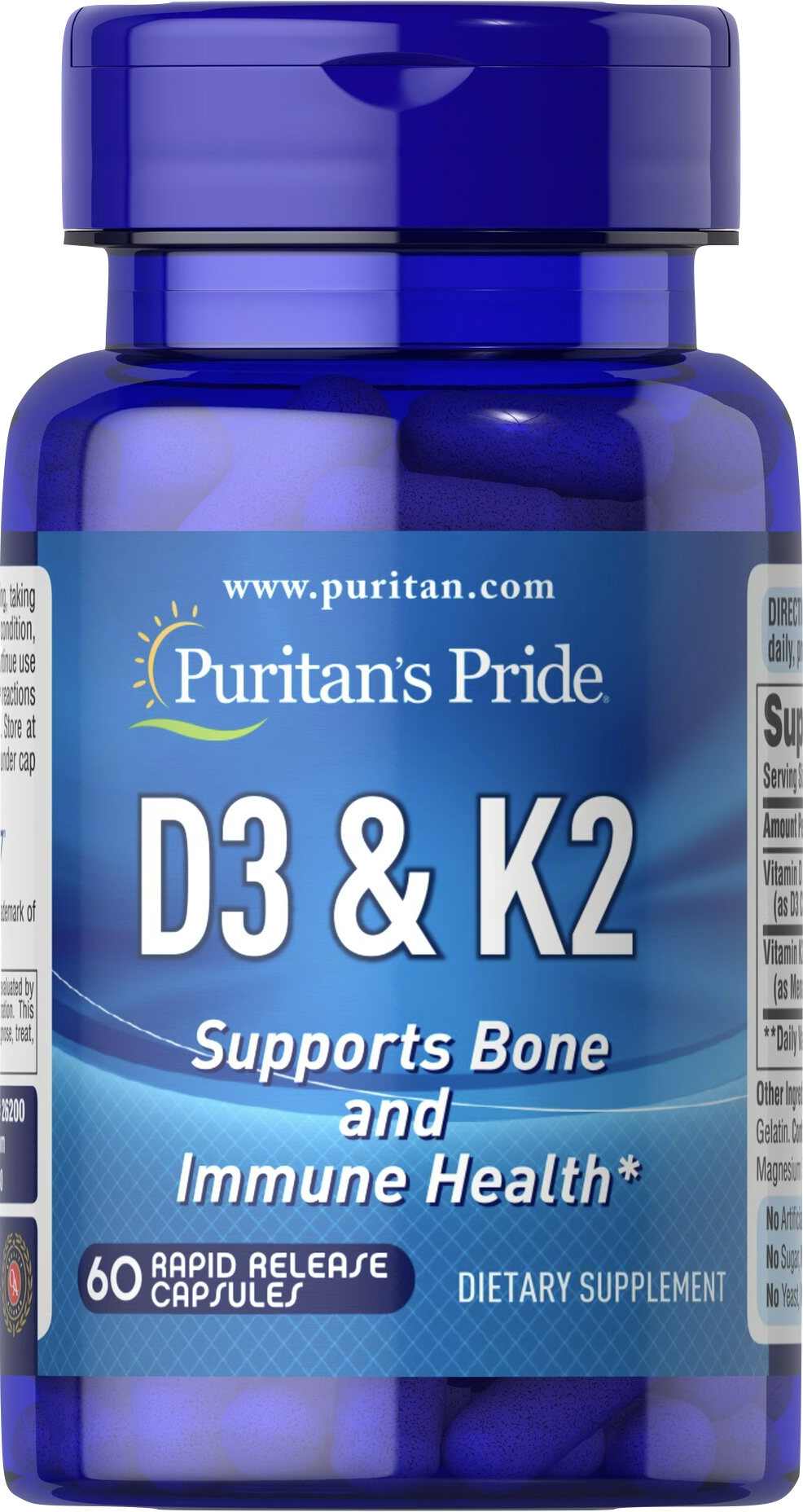 Puritan's Pride Vitamina D3 & K2 60 cápsulas de liberación rápida - vista frontal