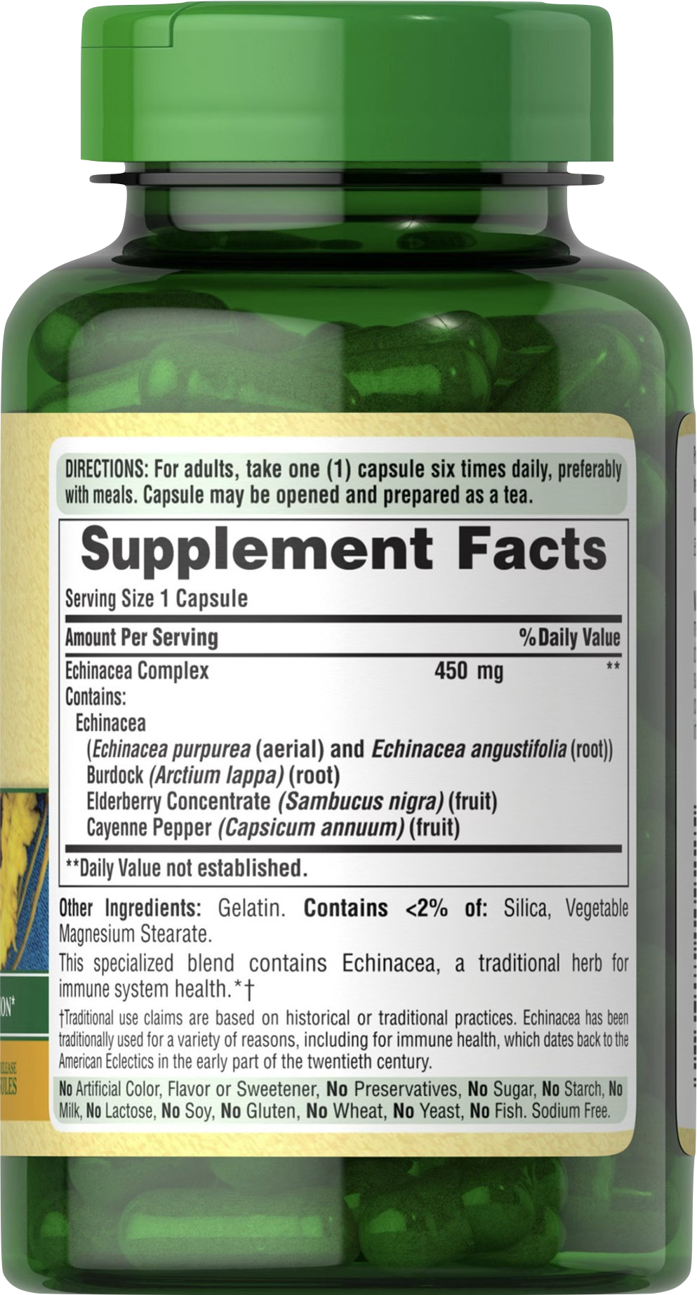 Puritan's Pride Echinacea Complex 450 mg 100 cápsulas de liberación rápida - información nutricional e ingredientes