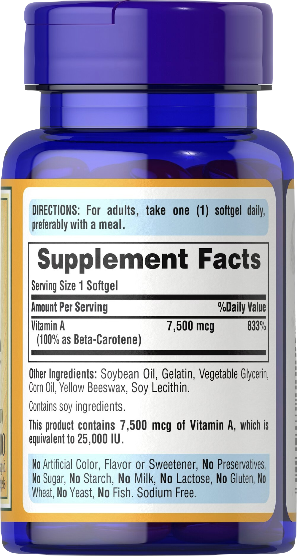 Puritan's Pride Betacaroteno 25.000 UI | Provitamina A 100 cápsulas blandas de liberación rápida - información nutricional e ingredientes