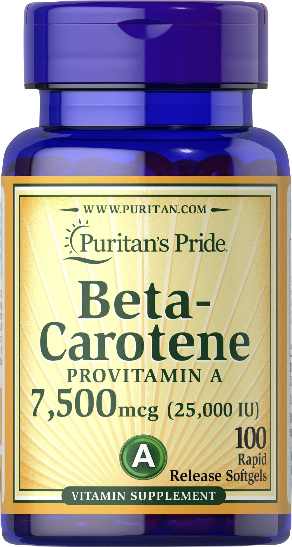 Puritan's Pride Betacaroteno 25.000 UI | Provitamina A 100 cápsulas blandas de liberación rápida - vista frontal