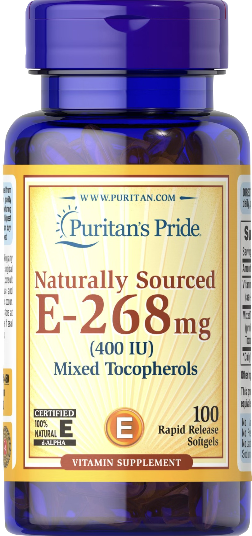 Puritan's Pride Vitamina E 400 UI Natural | Tocoferoles Mixtos 100 cápsulas blandas de liberación rápida - vista frontal