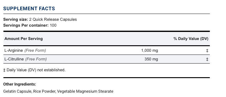 Piping Rock L-Arginina 1000 mg + L-Citrulina 350 mg 200 cápsulas de liberación rápida - información nutricional e ingredientes
