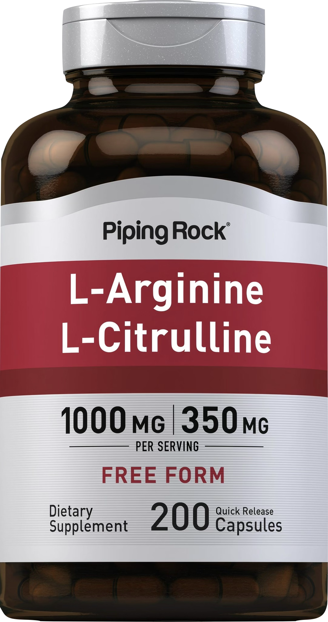 Piping Rock L-Arginina 1000 mg + L-Citrulina 350 mg 200 cápsulas de liberación rápida - vista frontal