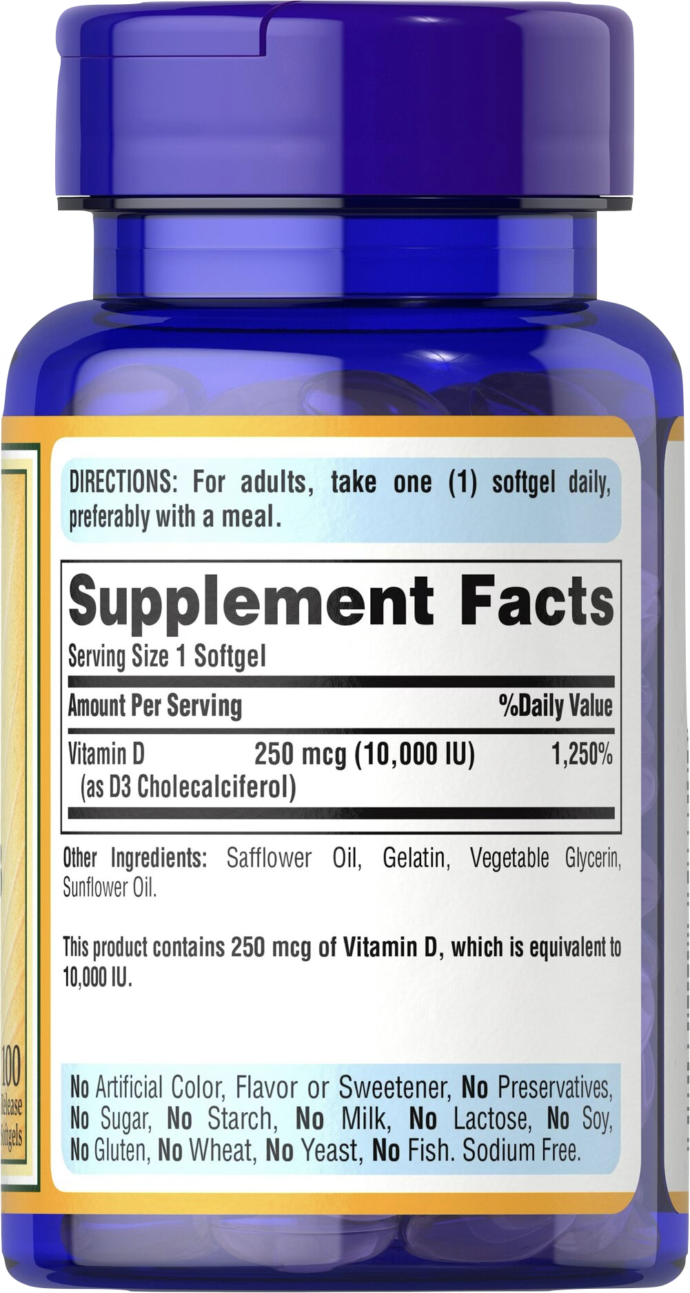 Puritan's Pride Vitamina D3 10.000 UI 100 cápsulas blandas de liberación rápida - información nutricional e ingredientes