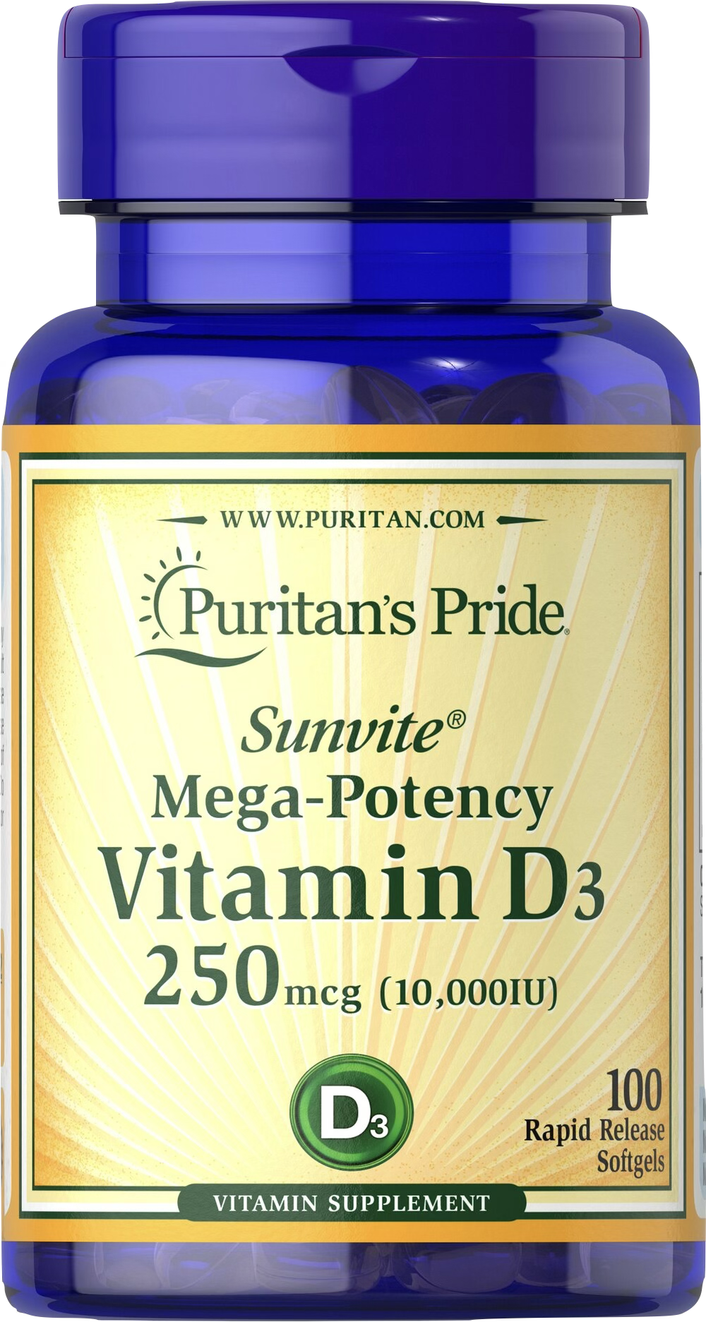 Puritan's Pride Vitamina D3 10.000 UI 100 cápsulas blandas de liberación rápida - vista frontal
