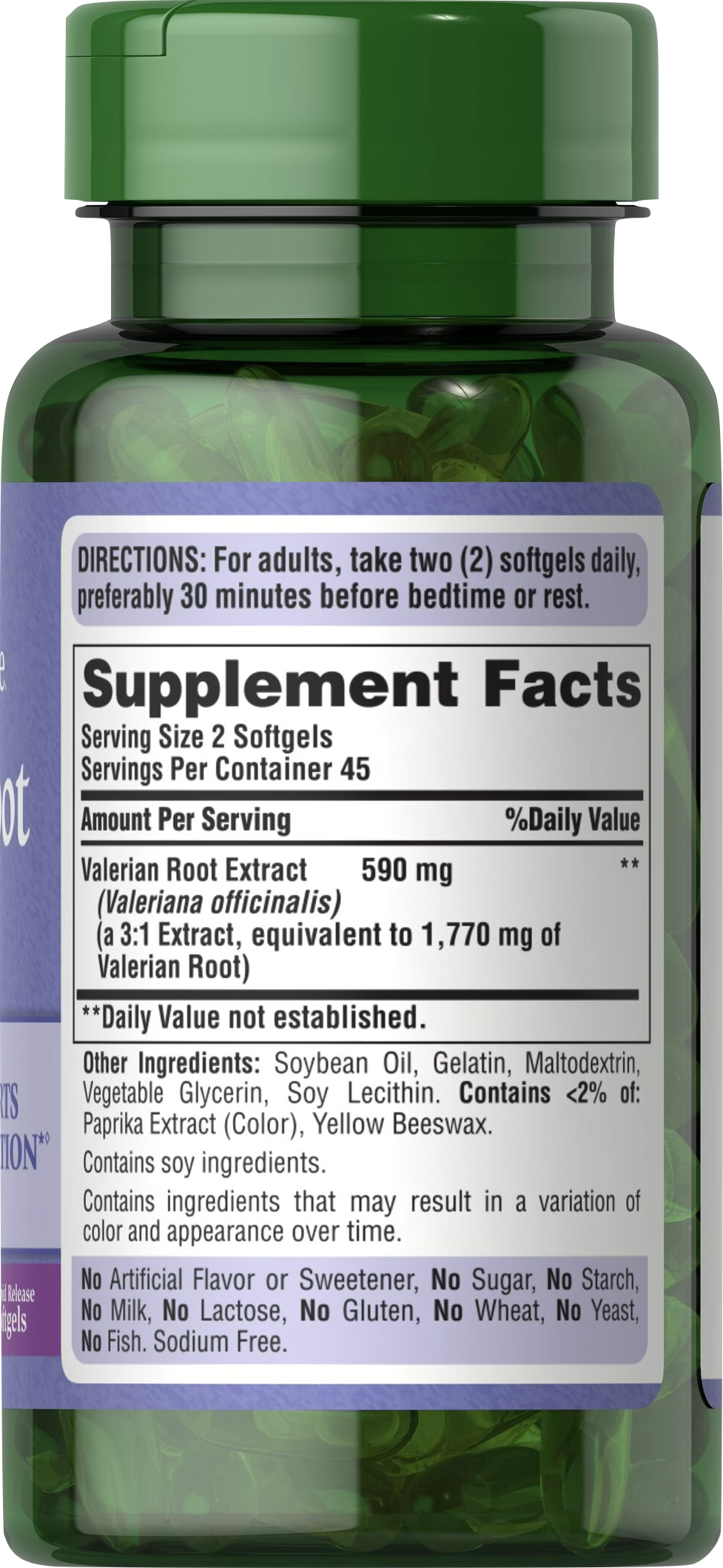 Puritan's Pride Valeriana 590 mg | Extracto de Raíz 90 cápsulas blandas de liberación rápida - información nutricional e ingredientes