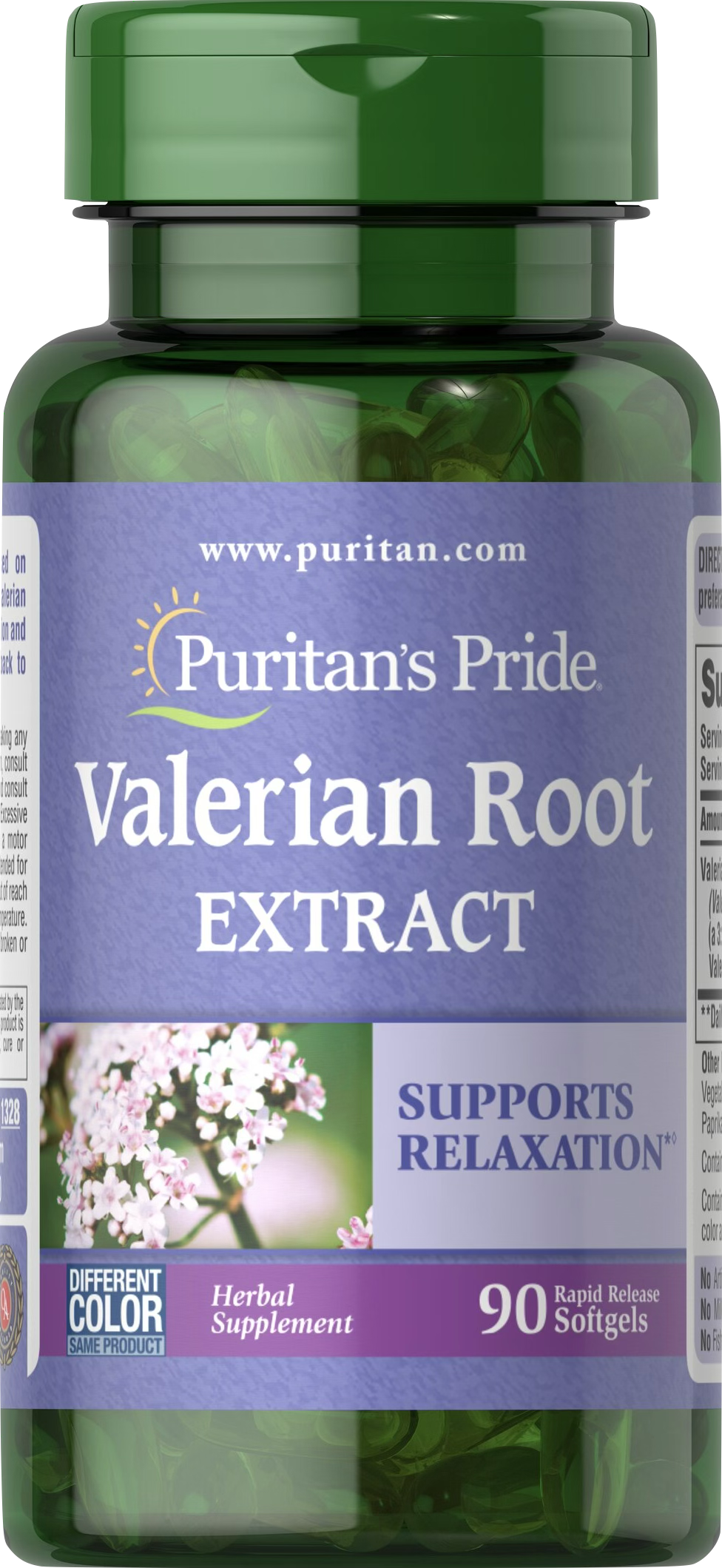 Puritan's Pride Valeriana 590 mg | Extracto de Raíz 90 cápsulas blandas de liberación rápida - vista frontal