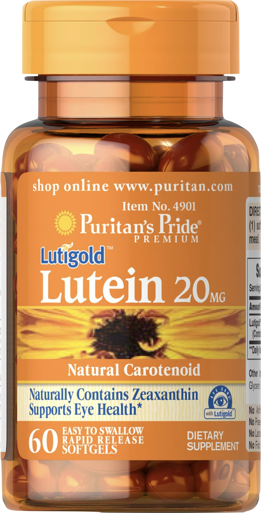 Puritan's Pride Luteína 20 mg con Zeaxantina 60 cápsulas blandas de liberación rápida - vista frontal