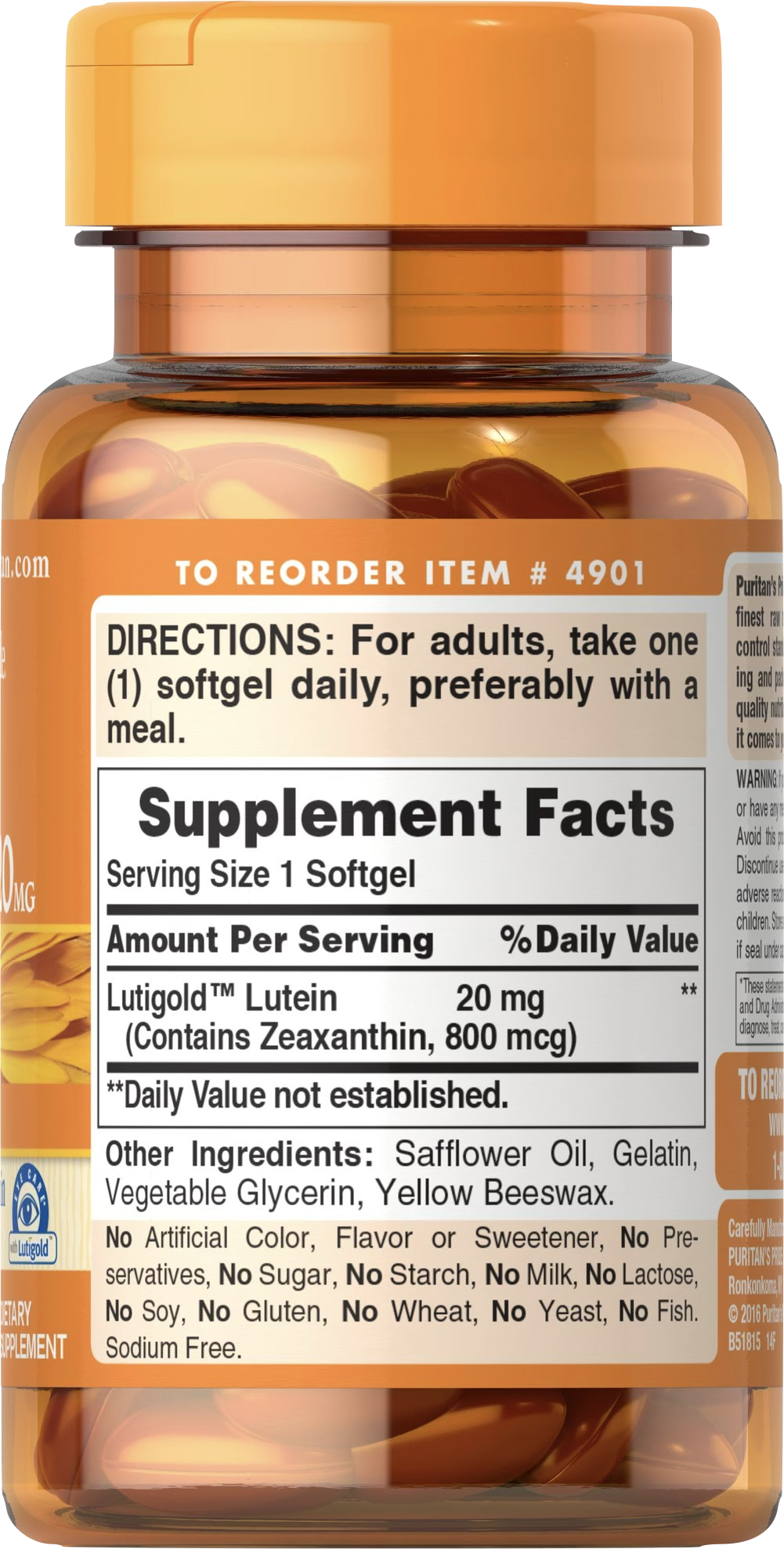Puritan's Pride Luteína 20 mg con Zeaxantina 60 cápsulas blandas de liberación rápida - información nutricional e ingredientes