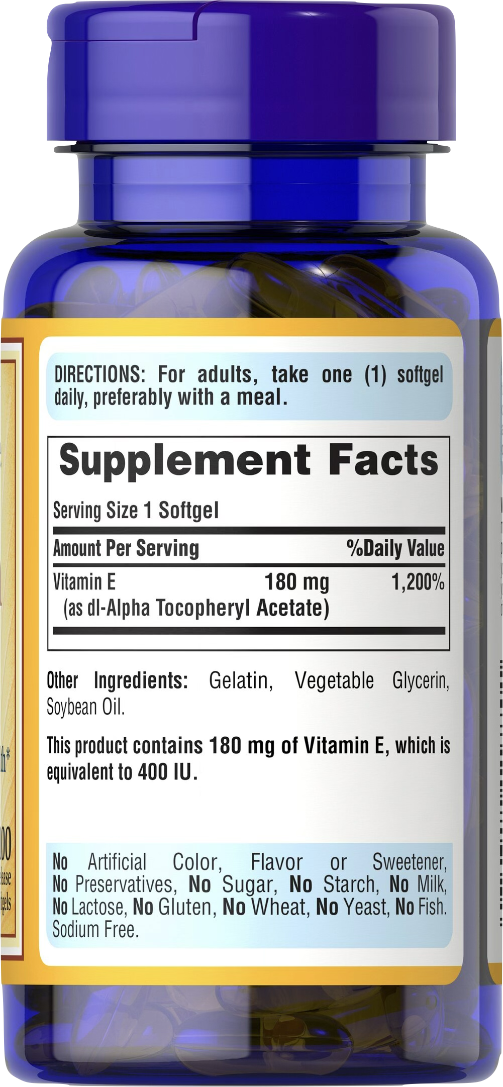 Puritan's Pride Vitamina E 400 UI | DL-Alfa Tocoferol 100 cápsulas blandas de liberación rápida - información nutricional e ingredientes